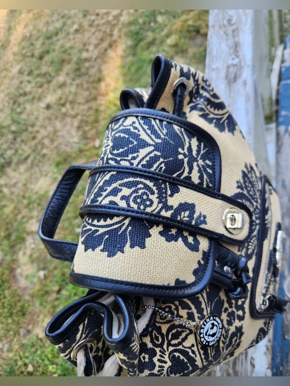 Spartina 449 linen/leather mini backpack black/natural cream damask pattern